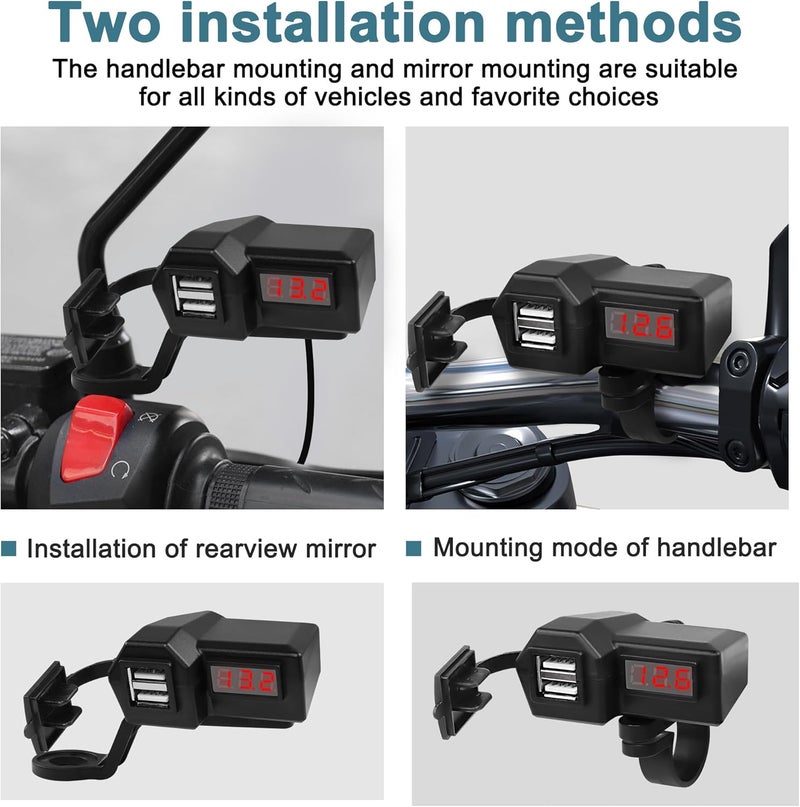 XMSJSIY Motorcycle USB Charger 5V 3.1A Dual USB Phone Charger Adapter Kit Cable with Voltmeter、Waterproof and ON/Off Switch,Handlebar Mounting or Diameter Rearview Mirror Holder-1.4M/4.59FT - Image 4